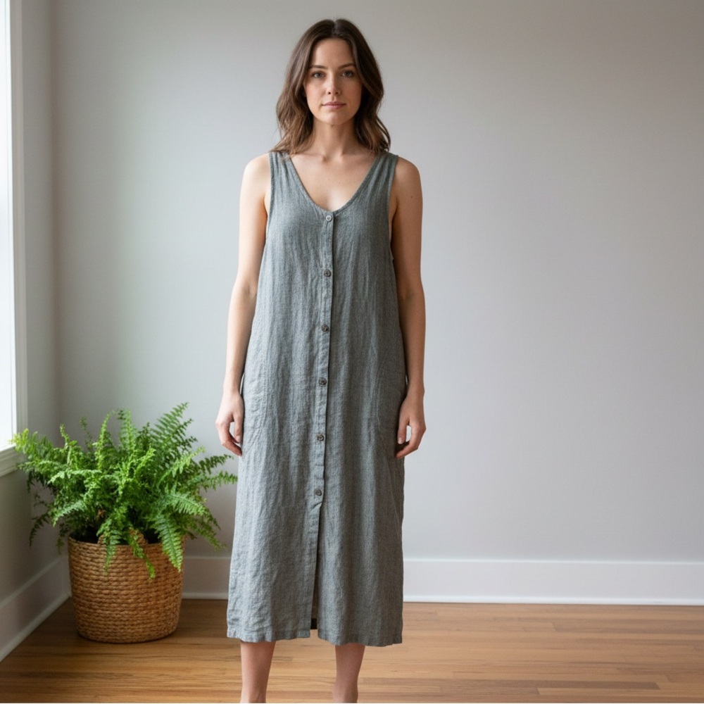 Flax Sz S Dusty Green 100% Linen Lagenlook Midi Button Front Dress